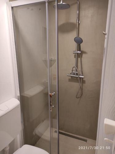 a shower with a glass door next to a toilet at Room Anthea 2 in Opatija