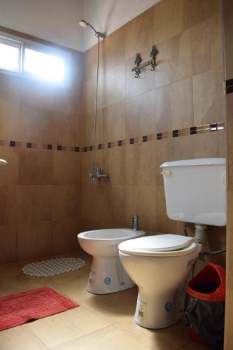 a bathroom with a toilet and a sink and a shower at Estancia Santa Leocadia in Bialet Massé