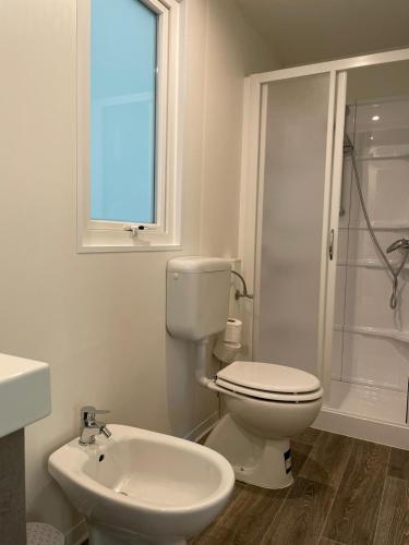 a bathroom with a toilet and a shower and a sink at Dolores ONLY 250 METERS TO THE BEACH in Banjole