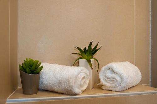 a shelf with towels and a potted plant on it at Apartment Joe in Split