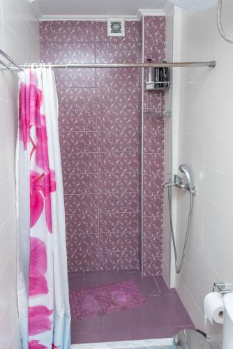 a bathroom with a shower with a pink shower curtain at Kosta's Apartments in Vonitsa