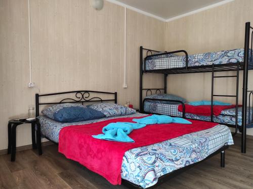 クチュグリにあるVoiazh Guest Houseのベッドルーム1室(二段ベッド2組、赤毛布付)