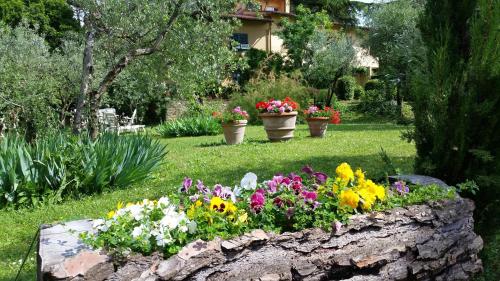 
a garden filled with flowers and plants next to a stone wall at Ulivi di Castello in Florence
