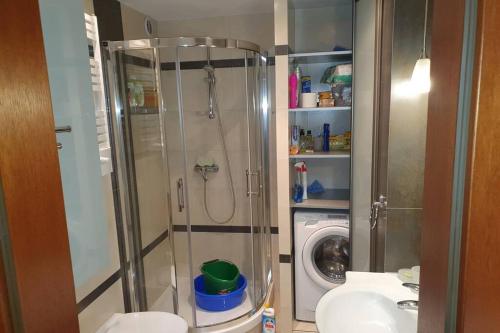 ein Bad mit einer Dusche und einer Waschmaschine in der Unterkunft Przytulny apartament nr 115 Krynica Zdrój in Krynica-Zdrój