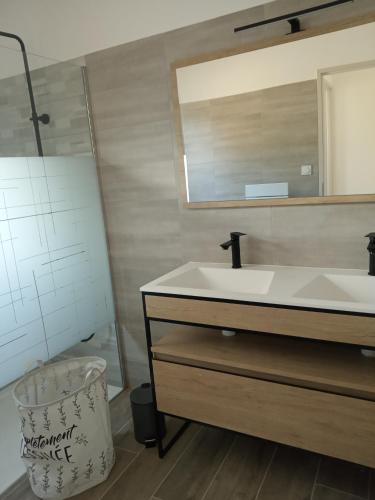 une salle de bain avec un lavabo et un miroir dans l'établissement La maison en bois, à Monteils