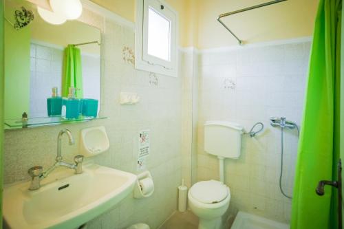 a bathroom with a sink and a toilet and a mirror at Rose Club Apartments in Laganas
