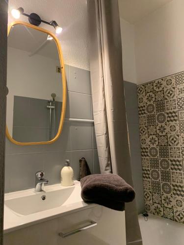 une salle de bain avec un lavabo et un miroir dans l'établissement Appartement Parc de Pontaillac 150m de la plage Vaux sur Mer - Royan, à Vaux-sur-Mer