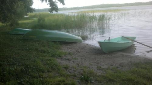 a green boat sitting on the shore of a lake at Kempings Mežmalas in Usma