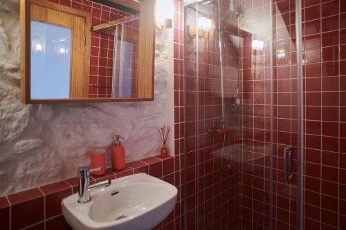 a red tiled bathroom with a sink and a mirror at Casa da Praça Velha Guest House in Braga