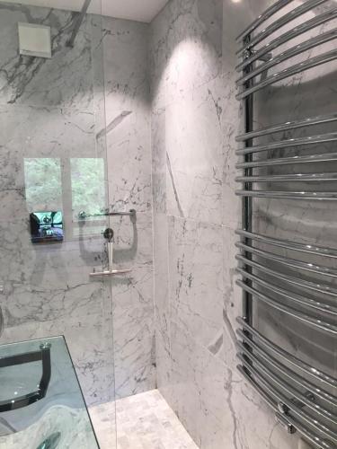 une salle de bain avec une douche en verre avec un lavabo dans l'établissement le Pullman, à Deauville