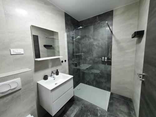 a bathroom with a shower and a toilet and a sink at Apartmani Nerium in Lovište