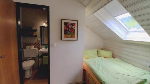 a small bedroom with a bed and a window at Ferienwohnungen Almsonne in Thomatal