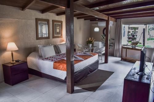 a bedroom with a bed and a desk and a television at Pousada Recanto do Lobo in Porto De Galinhas