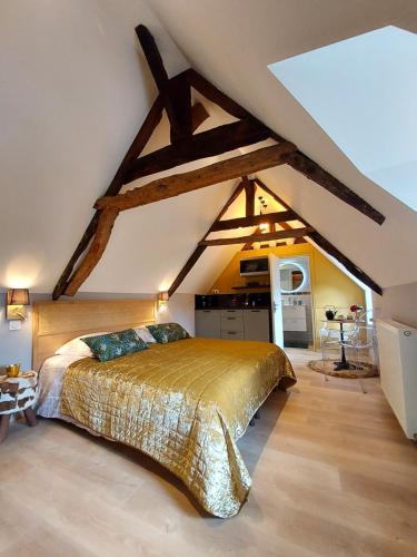 a bedroom with a large bed in a attic at Studio Exupere in Bayeux