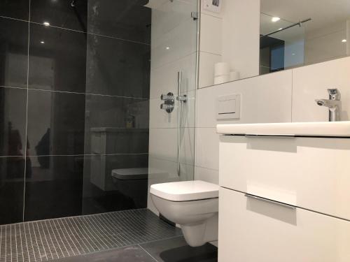 ein Badezimmer mit Toilette, Waschbecken und Dusche in der Unterkunft Strandapartment Kapitän Prora Binz in Binz