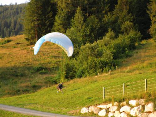 a person flying a parachute in a field at Ferienhaus Englbrecht in Krispl