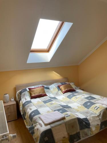 a bedroom with a bed with a skylight at Julius Apartman in Hajdúszoboszló