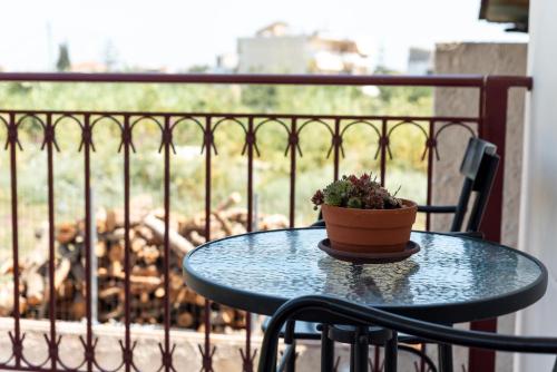 a small table with a potted plant on a balcony at Kosta's Apartments in Vonitsa