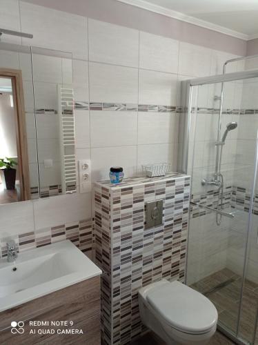 a bathroom with a toilet and a sink and a shower at Karos Bianco Apartmanház in Zalakaros