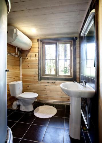 a bathroom with a white sink and a toilet at Ruhnu Holiday House in Ruhnu