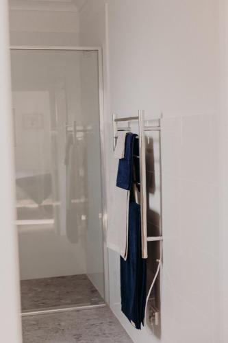 a towel rack in a bathroom with a door at The Red Hill Nest in Glanmire