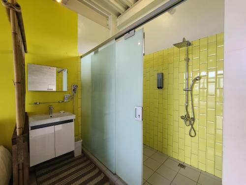 a bathroom with a shower and a sink at 達芭凱民宿 Tabakai B&B in Xinyi
