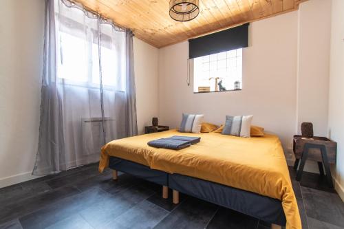 - une chambre dotée d'un grand lit avec des draps jaunes et d'une fenêtre dans l'établissement Appartement Opale Bourg d'Oisans, au Bourg-dʼOisans