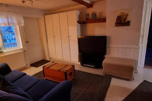 a living room with a couch and a flat screen tv at Fully equipped house in the countryside at Knohult in Aneby