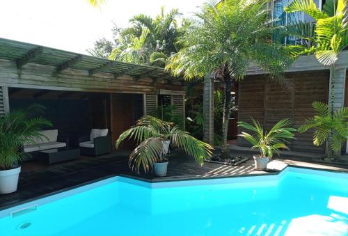 a swimming pool in a backyard with palm trees at Margayillat in Manapany-les Bains