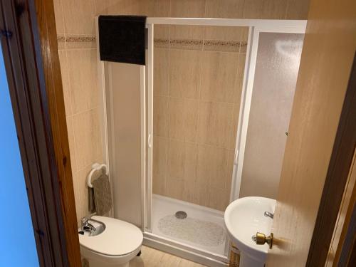 a bathroom with a shower and a toilet and a sink at Ca la Marta apartamento con piscina y jardín a 150m de la playa in Arenal d'en Castell