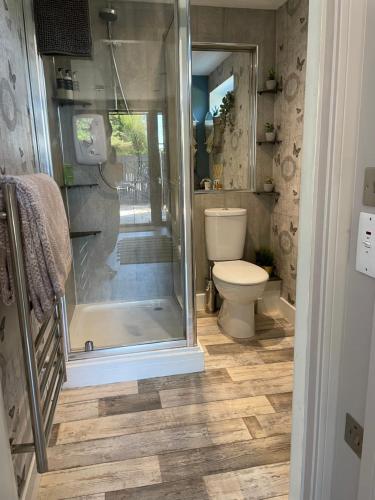a bathroom with a shower and a toilet at Stylish, central studio with kitchen & large deck in Fort William
