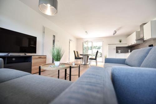 ein Wohnzimmer mit 2 blauen Sofas und einem Tisch in der Unterkunft Steinbrunner Geschmackvolle Ferienwohnungen in Burghausen