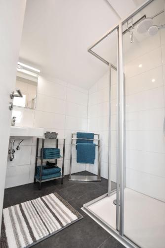 a bathroom with a shower and a sink at Steinbrunner Geschmackvolle Ferienwohnungen in Burghausen