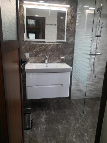 a bathroom with a sink and a mirror and a shower at Къща за гости Под ОРЕХА in Pismenovo