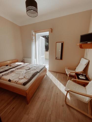 a bedroom with a bed and a chair and a window at Hotel Pod Zámkem in Vranov nad Dyjí
