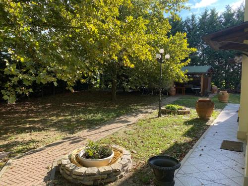 a garden with a brick walkway with potted plants at Agriturismo San Michele in San Michele