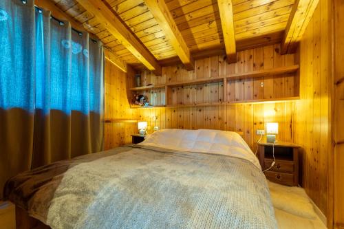 a bedroom with a bed in a room with wooden walls at Hotel Cristallo in Courmayeur