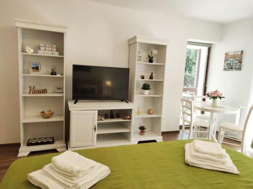 ein Wohnzimmer mit einem Flachbild-TV und einem Bett in der Unterkunft Green Studio in Predeal