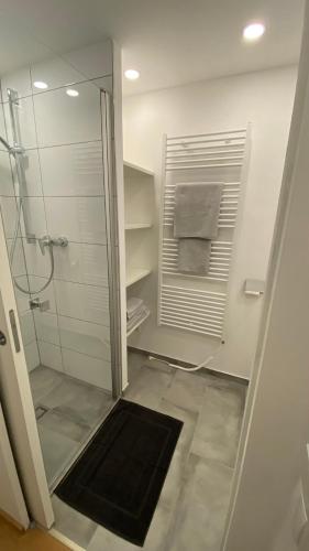 ein Badezimmer mit einer Dusche und einer Glasdusche an der Hintertür in der Unterkunft Seeblick Apartment in Sankt Gilgen