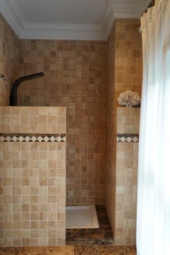La salle de bains est pourvue d'une douche et de murs carrelés bruns. dans l'établissement Rural Palace, à Sopuerta