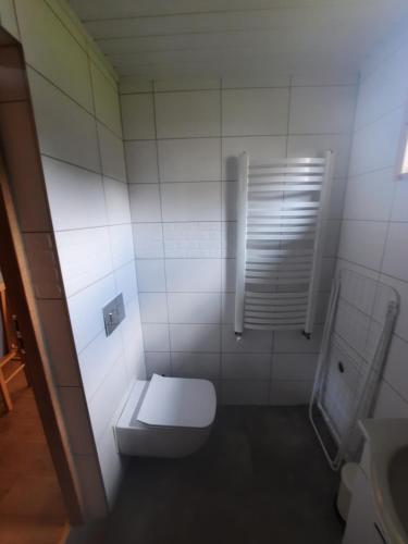 a white bathroom with a toilet and a sink at Leśny Zakątek Radocza in Radocza