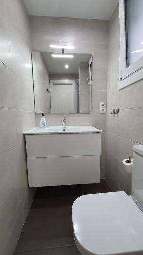 a bathroom with a sink and a toilet and a mirror at Opening Doors Sagrada Familia in Barcelona