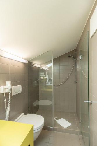 a bathroom with a toilet and a glass shower at Hotel Restaurant Sternen in Gelfingen
