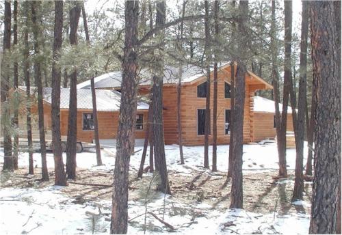 a log cabin in the woods with snow on the trees at Comanche Lodge in Custer