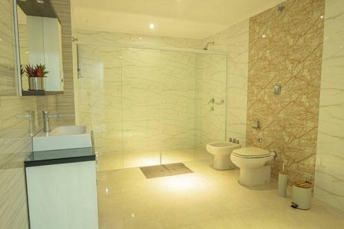 a bathroom with a shower and a toilet and a sink at Apartamento cómodo y bien localizado en CDE in Ciudad del Este