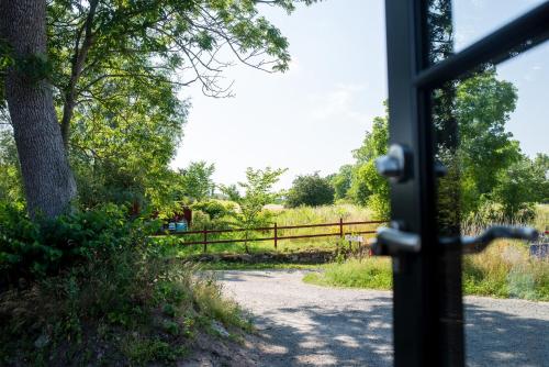a view out of a window of a fence at Rörums Gårdshotell in Simrishamn