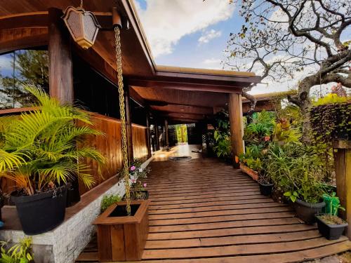 a wooden walkway with potted plants on a building at Pousada Ilha Sul in Cananéia