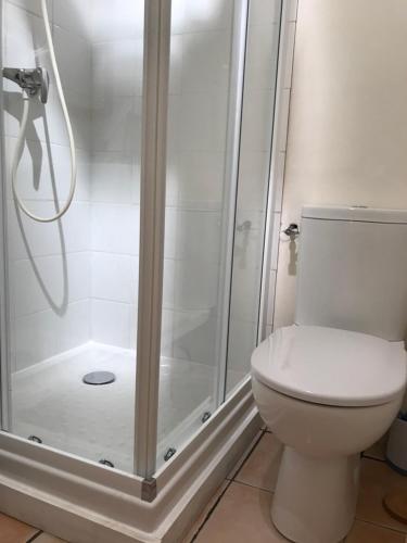 une salle de bain avec toilettes et douche en verre dans l'établissement le studio, à Sarlat-la-Canéda