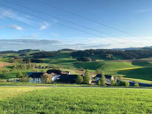 un campo verde con una casa en la distancia en Ferienwohnung-Mühlviertel en Oepping