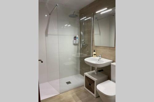 Un baño con ducha, lavabo e inodoro. en Casa Ferrers piso 2 Piso reformado en el casco antiguo de Tarragona, en Tarragona